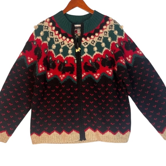 Vintage Talbots Wool Chunky Knit Zip Cardigan Women’s Medium Scotty Dog Holiday - Picture 1 of 11